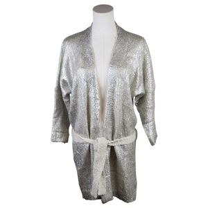 Grifflin Paris Metallic Silver Knit Cardigan S/M Belted Boucle Open Front